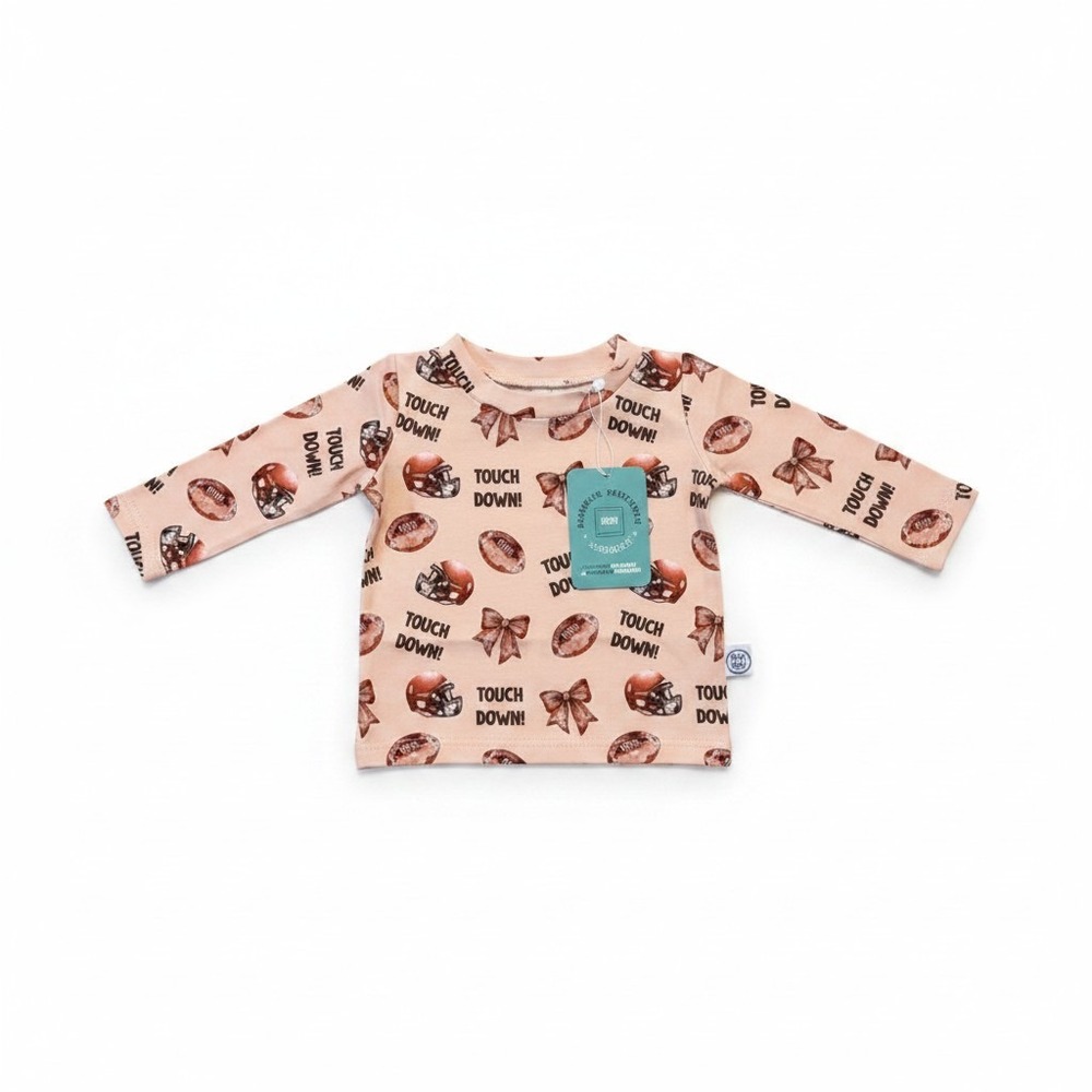 Minikin Mischief Peach Football Bow Touch Down Bamboo Long Sleeve Tee 0-3M